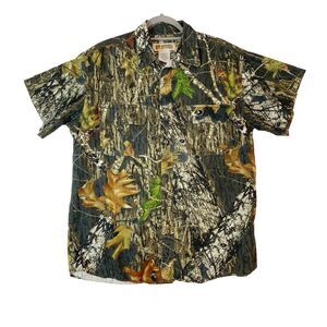 Russell Outdoors Button Up Camo Shirt Mens L Mossy Oak Breakup Short Sleeve Hunt